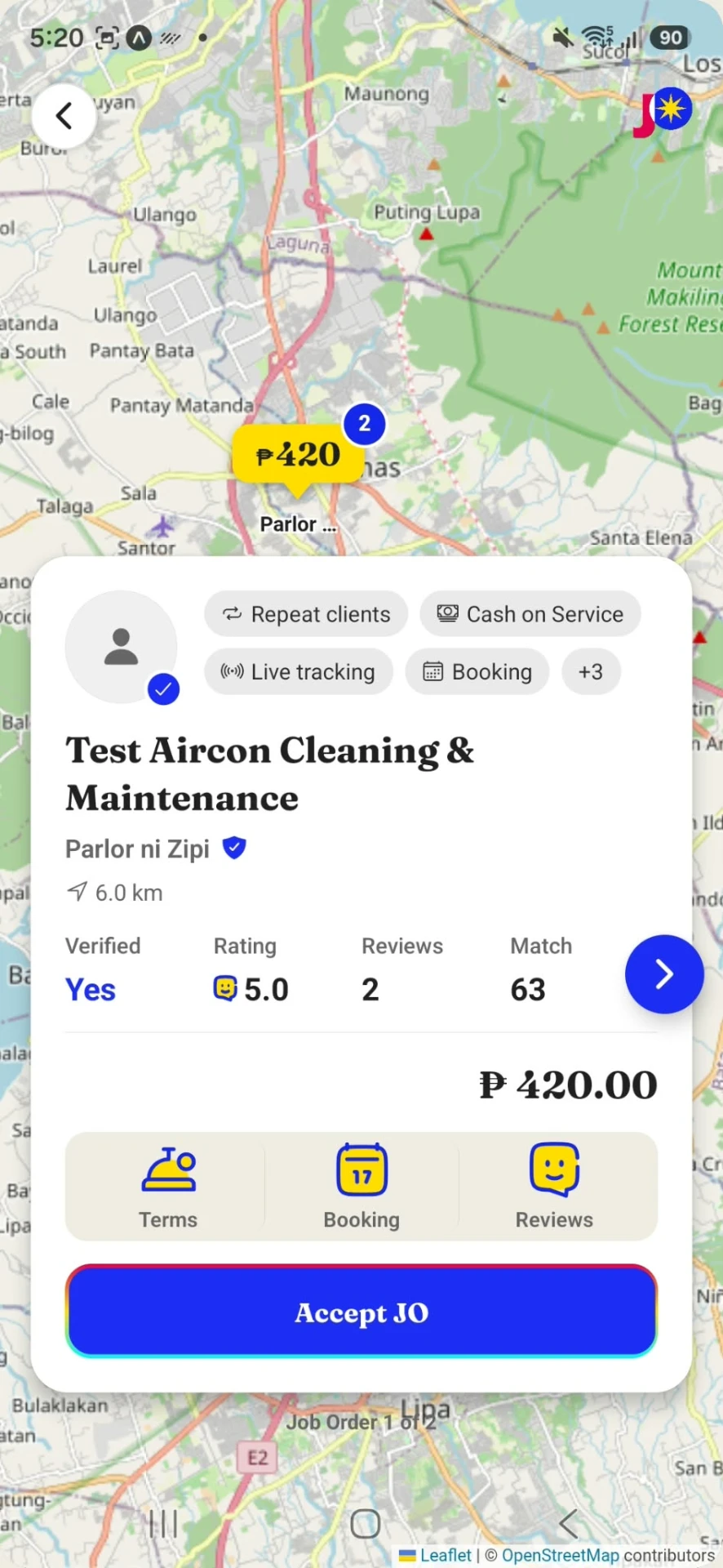 Provider screen with a pending job offer ready to accept
